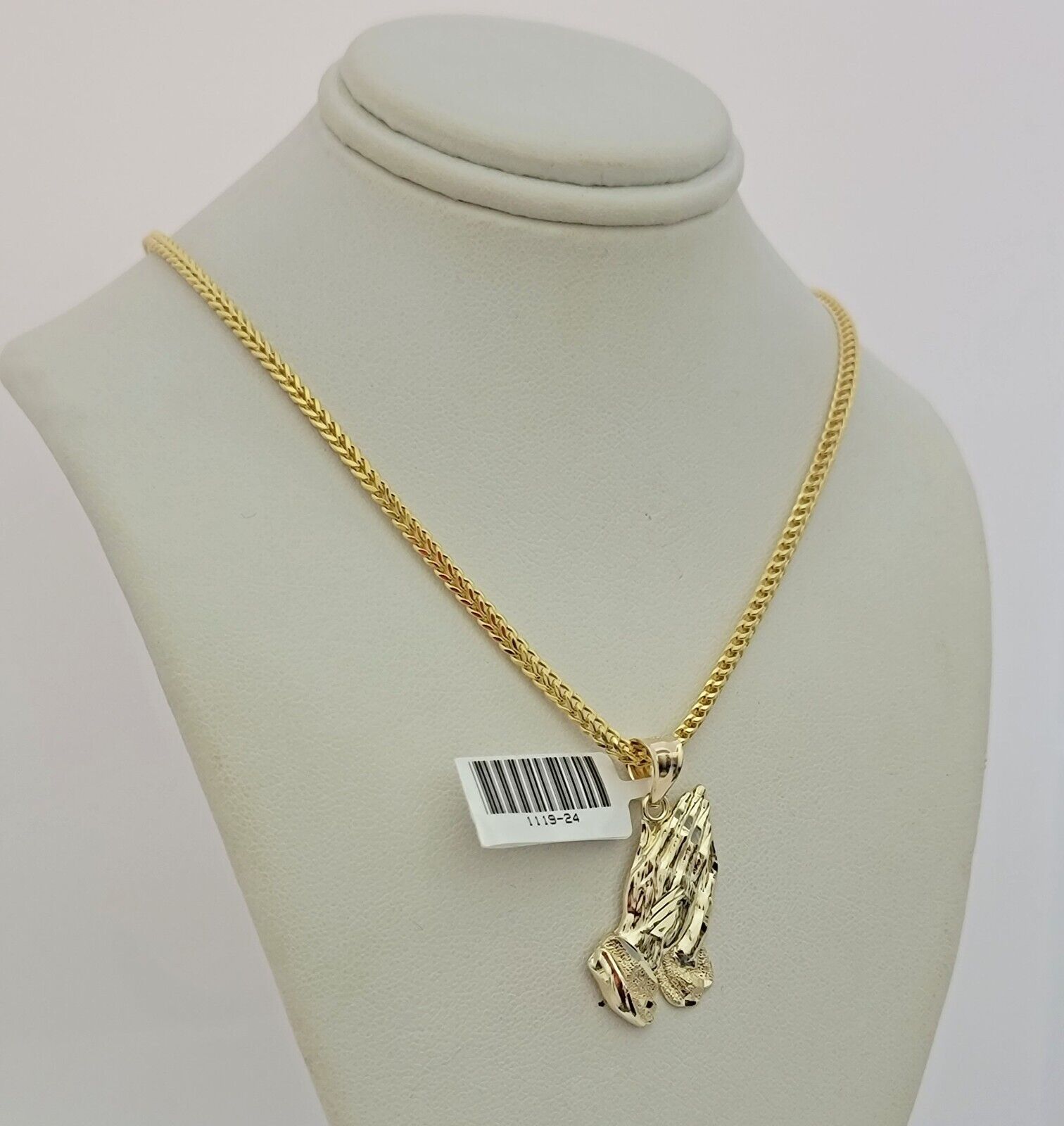 Real 10k Gold Franco Chain Praying Hand Charm pendant Set 2.5mm Necklace 24 Inch